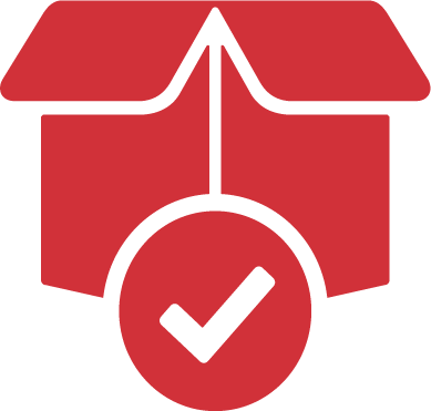 Red icon of open cardboard box with a check ark on top of it